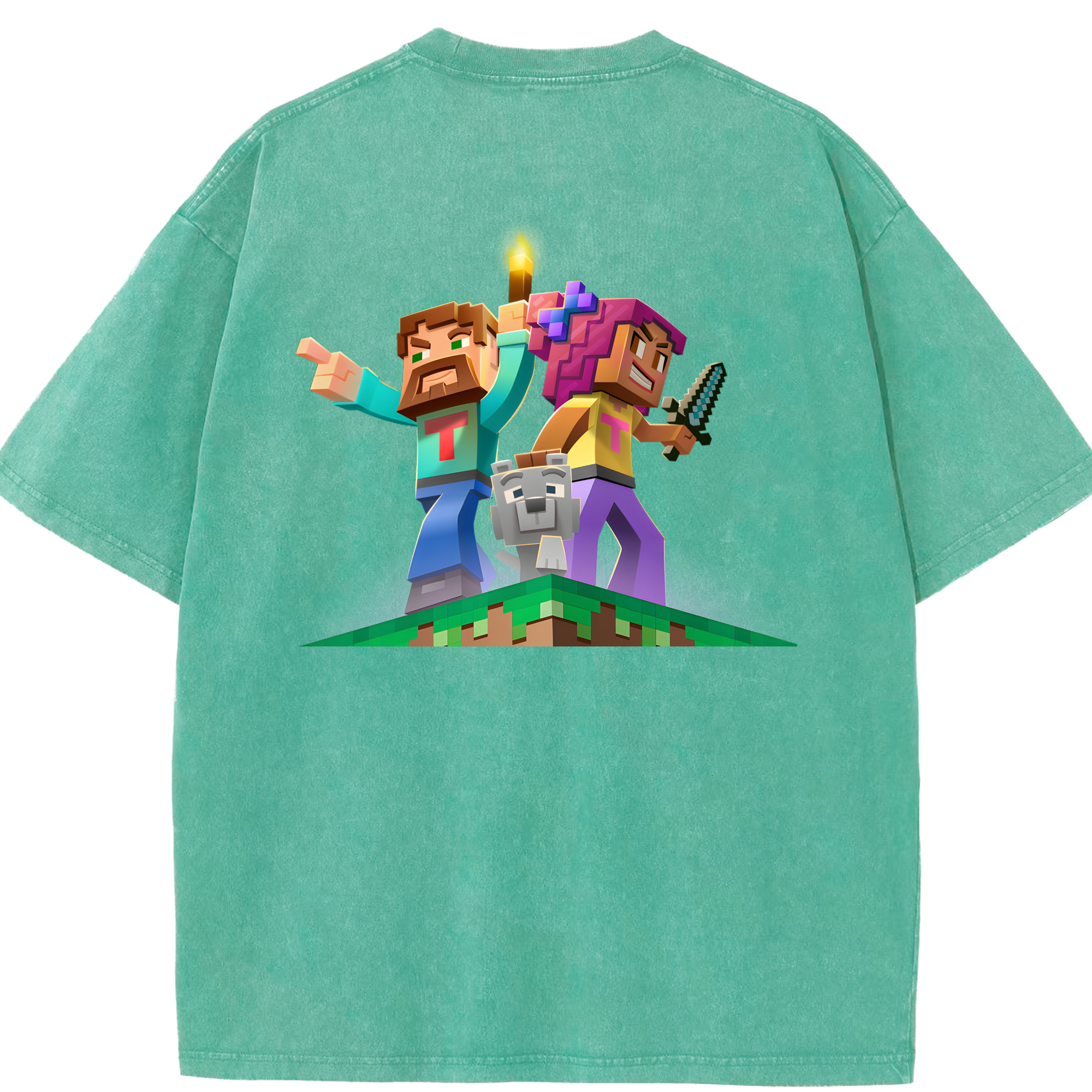 （画像用） マインクラフト ブロックの世界 Minecraft MC Block world 綿100% ヴィンテージ風 半袖Tシャツ（背面プリント）